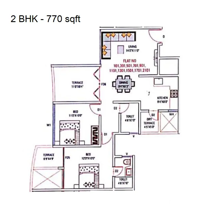 Twinstar Vaastu Imperial Unit plan - 770 sq.ft.